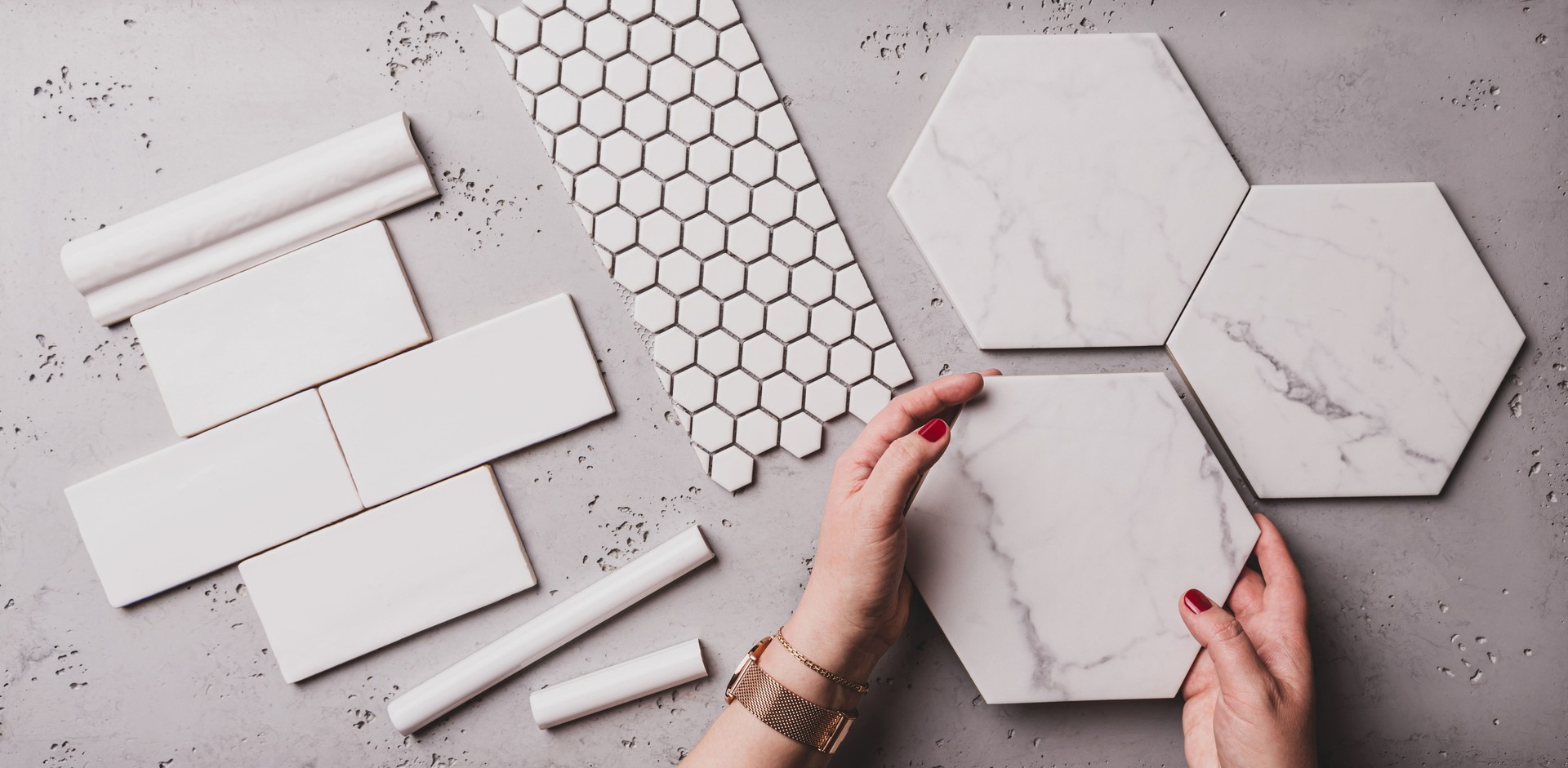 Interior design, renovation and home decoration - different shapes of ceramic tiles